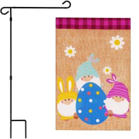 Combo Pack Garden Flag Stand Black 36x16 in & Garden Flag Easter Decoration Three Gnomes with Large Easter Egg 12x18 inch Double-Sided Burlap Fab