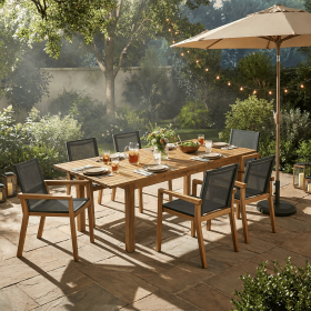 7 Pieces Acacia Wood Outdoor Dining Set s,Modern 6 Chairs 1 Large Table, Dining Furniture Set for Lawn, Backyard, Garden Deck,Poolside,Teak