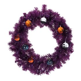 24in Pre-lit Halloween-Themed Christmas Wreath, Lighted Artificial Xmas Wreath with 50 Purple & Orange Lights and 100 PVC Tips and DIY Ball Ornam